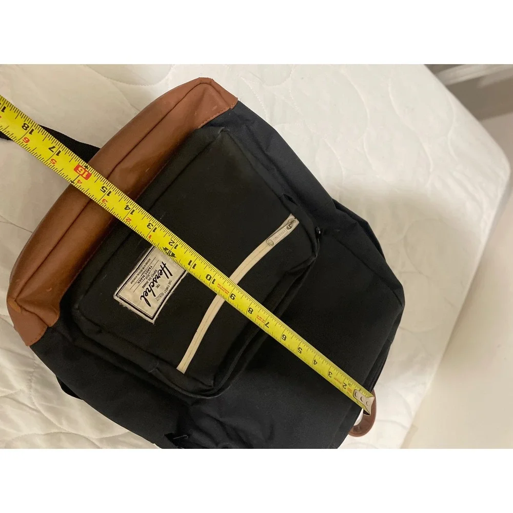Herschel Supply Co Pop Quiz Backpack Black Tan Faux Leather Bottom Laptop Sleeve